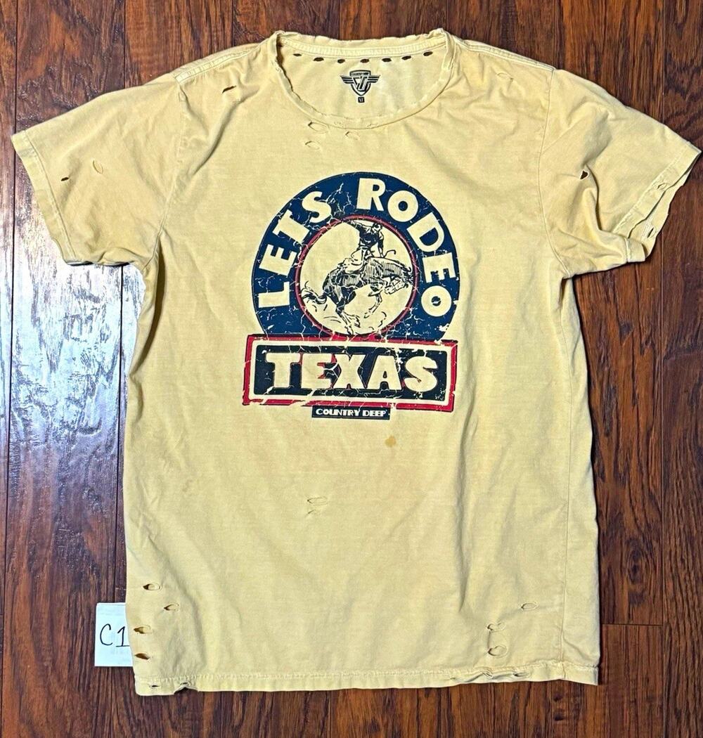 Country Deep Let’s Rodeo Texas Distressed T-Shirt XL Vintage Style Cowboy Tee